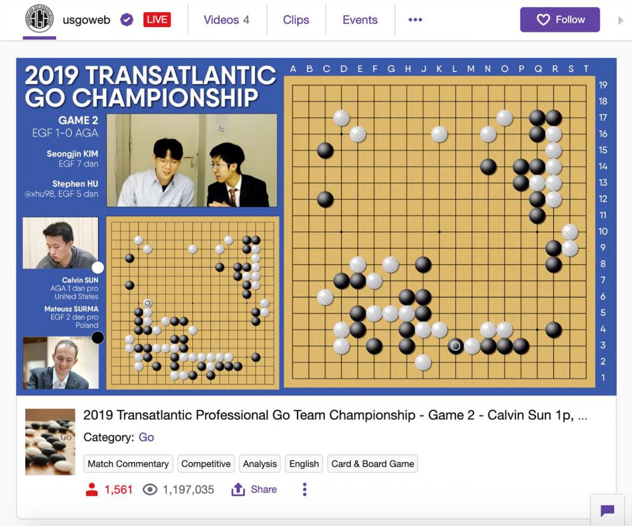 Seongjin Kim 7d and Stephen Hu 5d discuss the second round of the Transatlantic Professional Go Team Championship